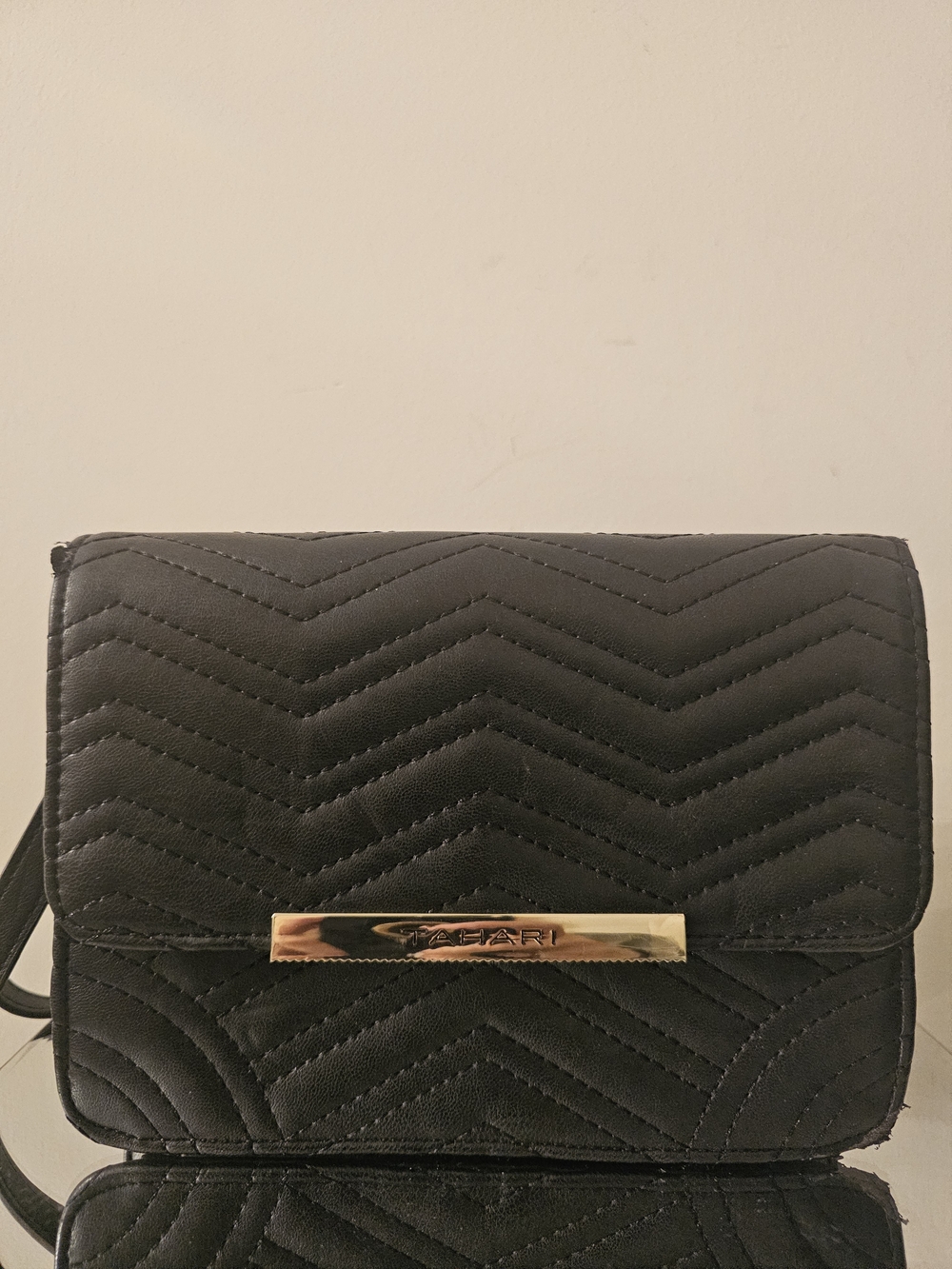 Black Quilted Crossbody Bag with Gold Accent –